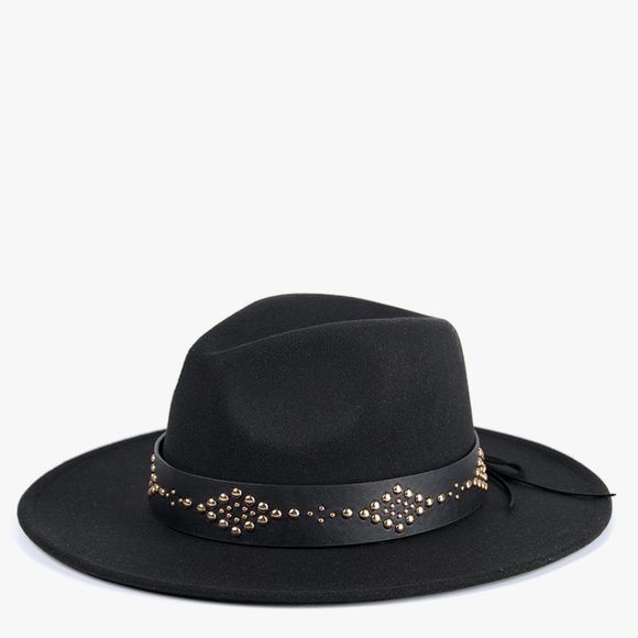 NWT Jen & Co Glinda Grommet Trim Wide Brim Fedora Hat In Black - Picture 1 of 4